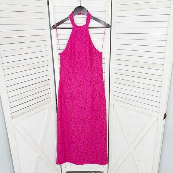 Zara Floral Lace Halter‎ Midi Sheath Dress Pink Medium Open Back - Picture 10 of 15